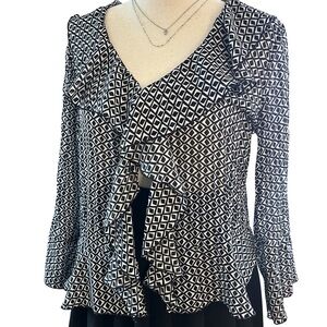 Y2K Black and White Pattern Ruffle Blouse